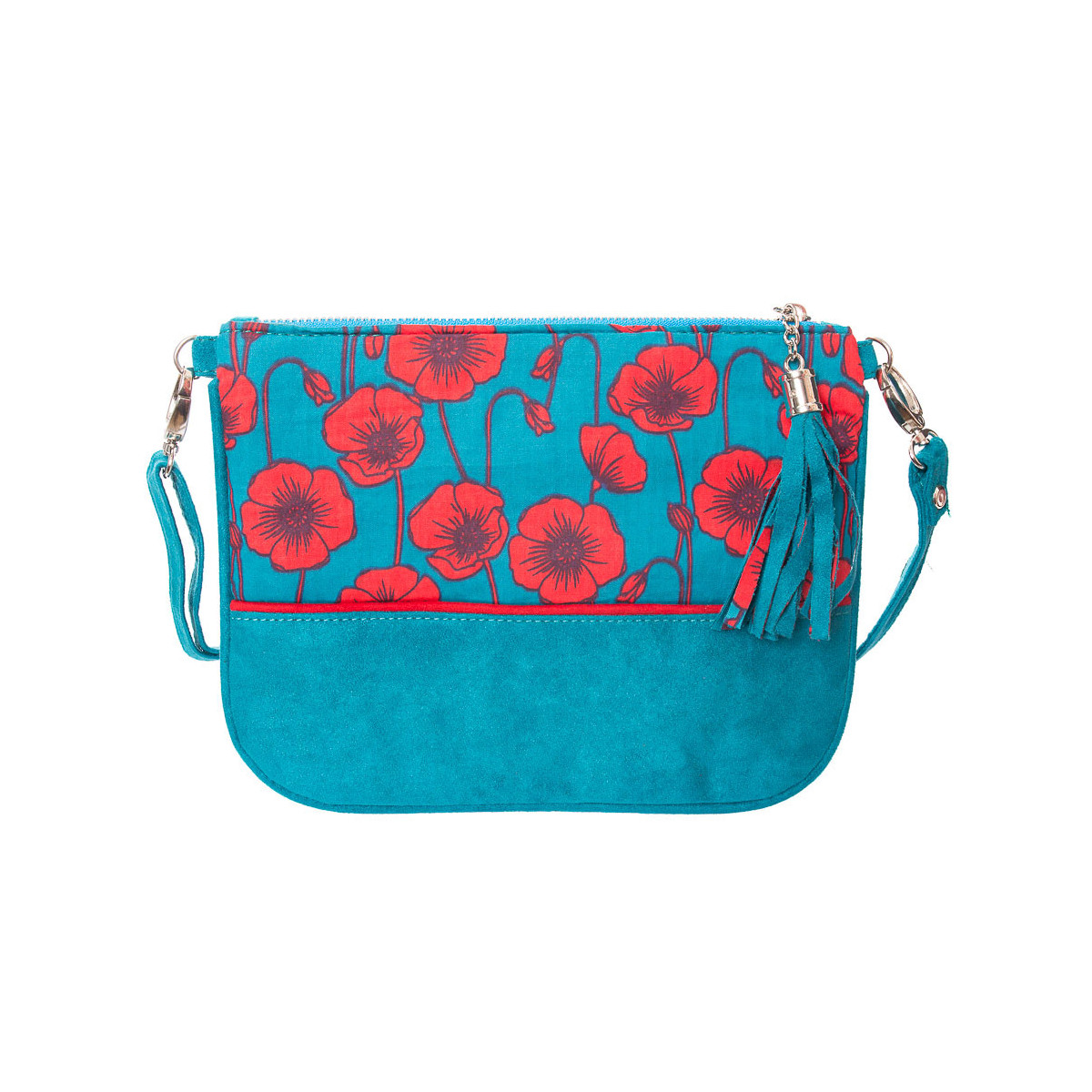 Sac main pochette femme bleu turquoise motifs coquelicots rouges