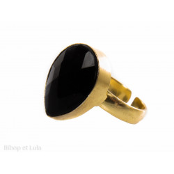 Bague laiton réglable onyx noire goutte - Bibop et Lula