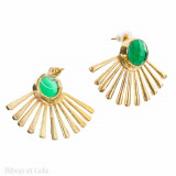 Boucles d'oreilles, clous laiton doré motif soleil et pierre fine verte - Bibop et Lula