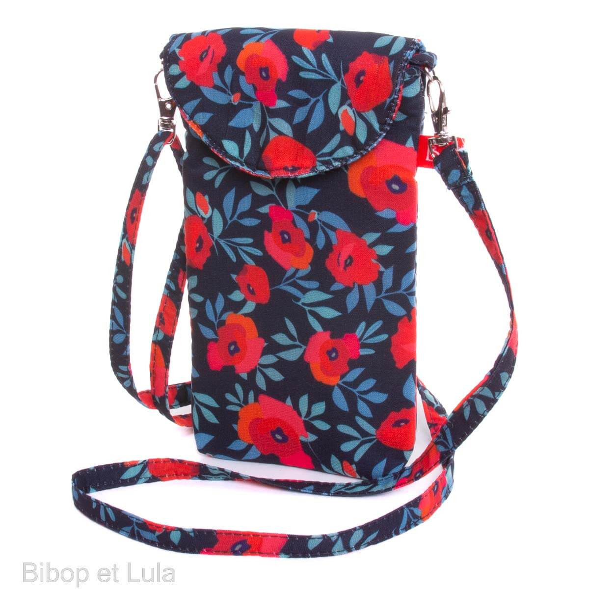 Pochette bandouli re t l phone noire motif fleurs rouges et oranges