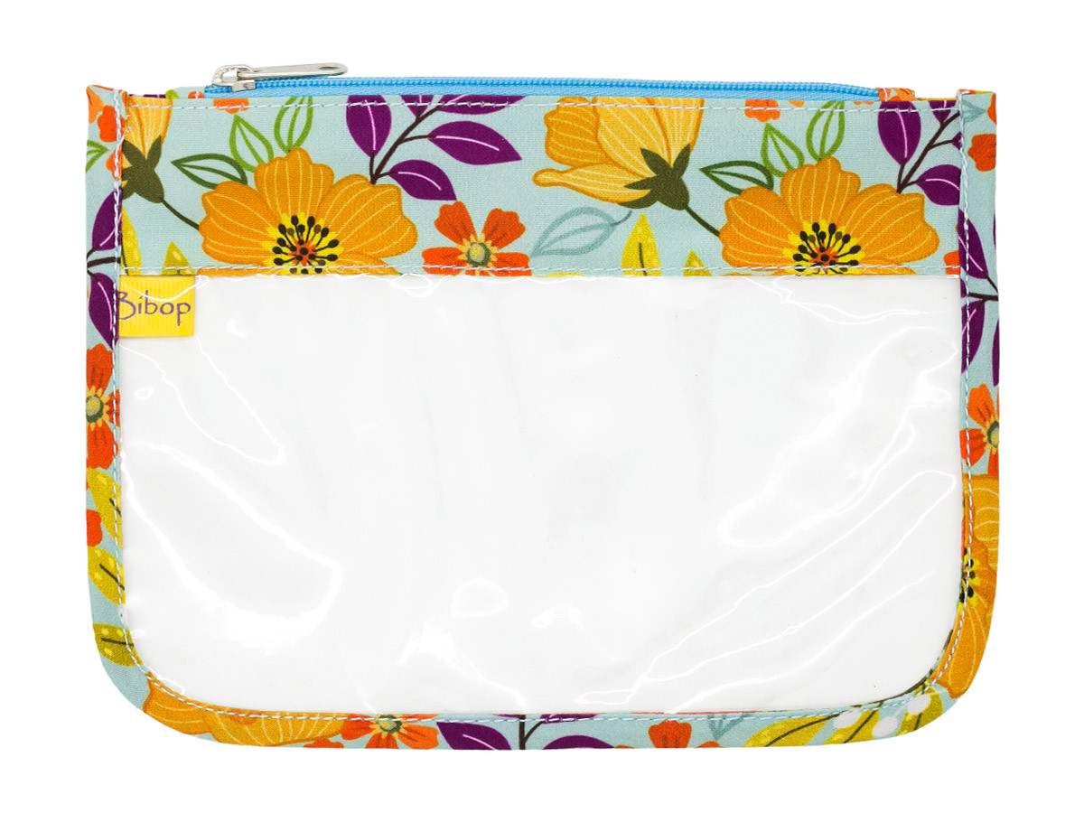 Petite trousse de toilette transparente orange fleurs multicolores