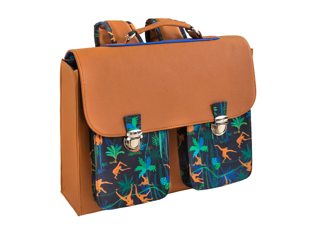 Cartable ecole primaire enfant noir motifs d arbres et singes orange