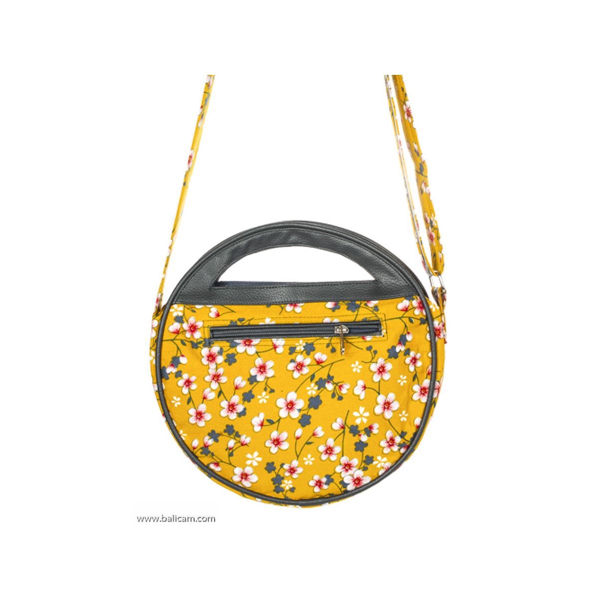 Sac à Main Femme Rond Tissu Jaune Moutarde Et Fleurs