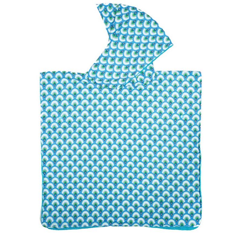 Poncho De Bain De Plage A Capuche Enfant Bleu Et Vert