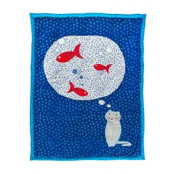 Couverture Coton Polaire Bebe Bleue Avec Chat Et Poisson Rouge Brodes