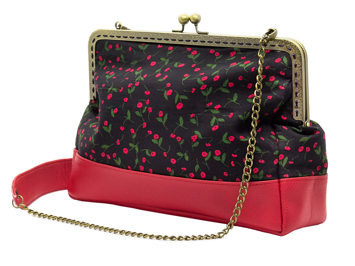 Sac main pin up r tro noir et fleurs rouge